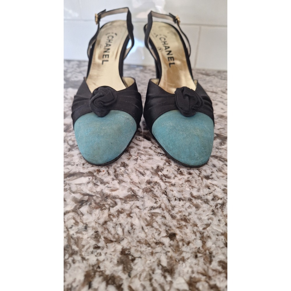 vintage Chanel black green silk leather heel flats size 8,5 A - Picture 2 of 15